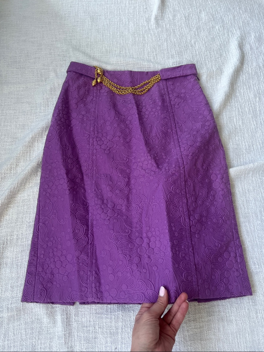 Milly Purple Embossed Pencil Skirt with Gold Chain